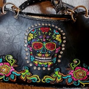 Black Embroidered Skull Shoulder Bag